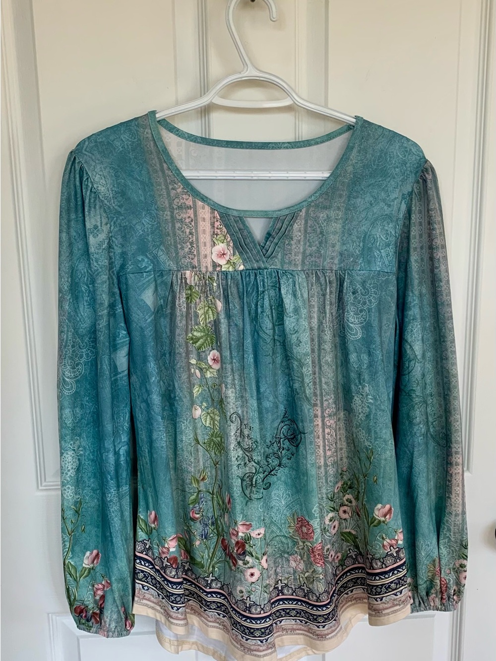 Amazon Teal Floral Border Peasant Tunic